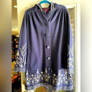 Johnny Was (JW Los Angeles) blue hooded coat with white embroidery